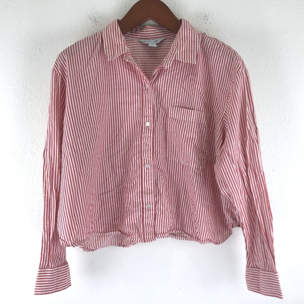 French Girl Cropped Shirt Red White Striped Cotton XL Nautical Preppy Coastal